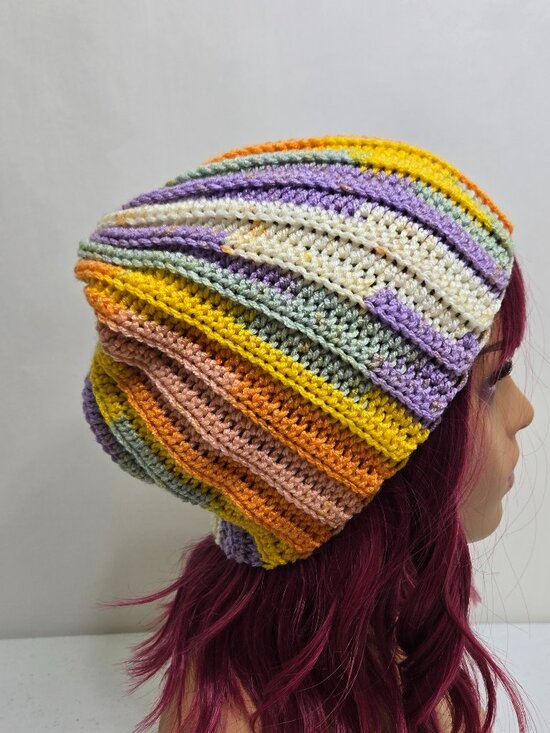 Handmade Crochet Slouchy Beanie, Colorful Patchwork Knit Hat main image 13